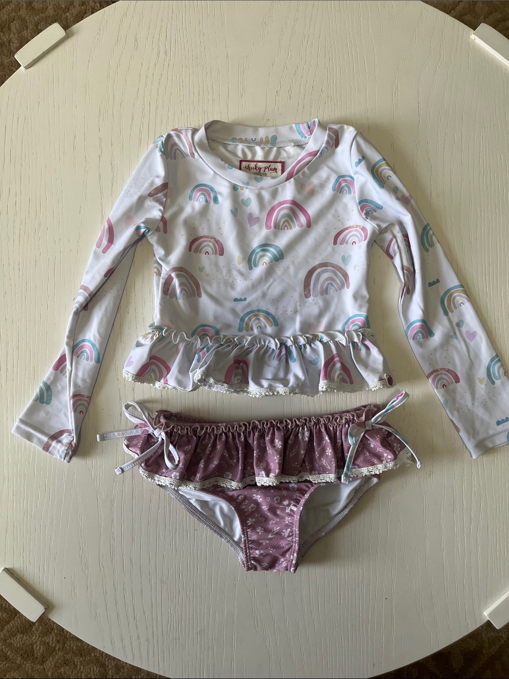 cheeky plum Pastel Rainbow Ruffle Long-Sleeve Swim Set - White & Mauve